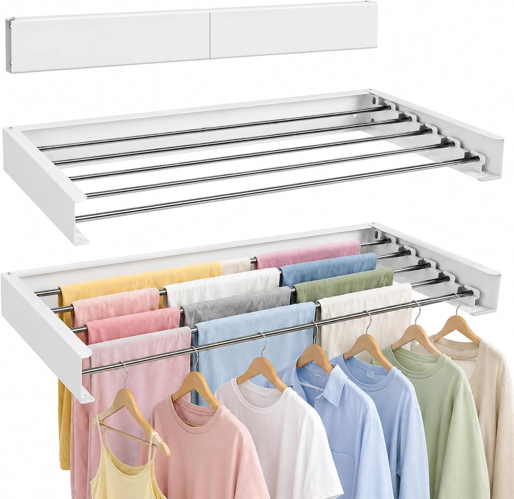 Wall Mounted Clothes Drying Rack Collapsible, Pure Stainless Steel Folding Laundry Drying Rack for Indoor Outdoor Use, Heavy Duty Wall Mounted Clothes Rack White