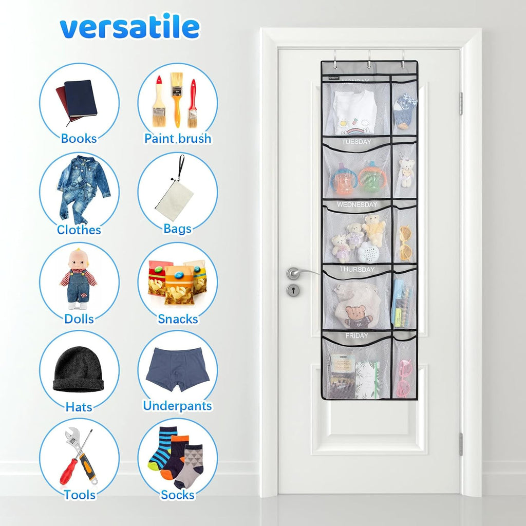 Weekly Kids Clothes Organizer - Day of Week School Clothing Organizer, Monday to Friday Time Save, No Odour, 5-Shelf Hanging Closet Storage (Grey)