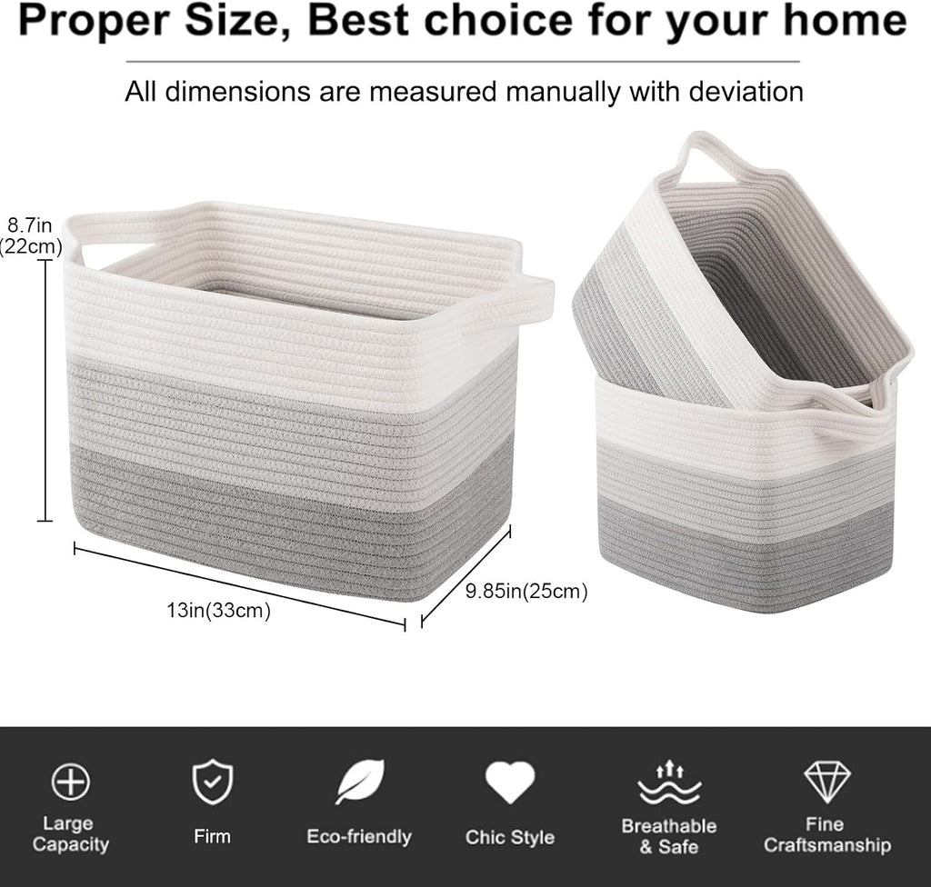 OIAHOMY Cotton Rope Storage Baskets for Organizing Gradient Gray 3-Pack