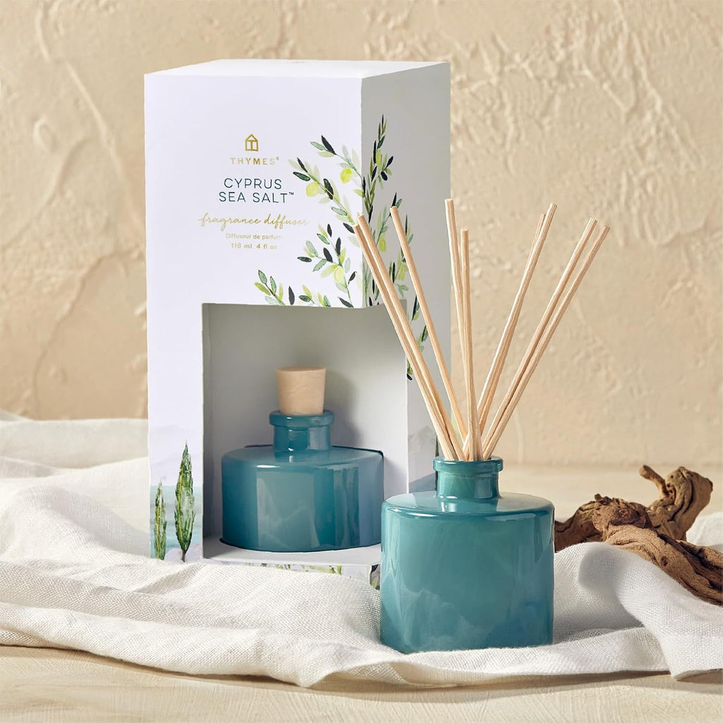 Thymes Petite Reed Diffuser Set – Includes Rattan Wood Sticks, Fragrance Oil, & Glass Bottle – Home Fragrance Oil Diffuser – Luxury Home Decor – Guest Bathroom Essentials (Cyprus Sea Salt, 4 fl oz)