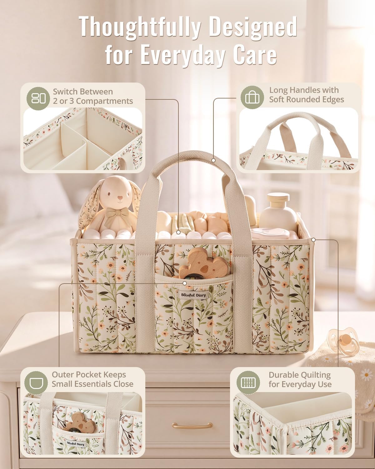 Blissful Diary Baby Diaper Caddy Organizer, Nursery Storage, Ditsy Daisy