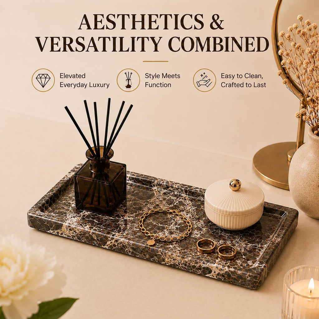 Brown Marble Vanity Tray, Small Genuine Stone Decorative Tray for Bathroom Counter, Perfume, Cologne, Jewelry, Candle, Coffee Table & Kitchen Counter Organizer, 11 x 4.7 Inch