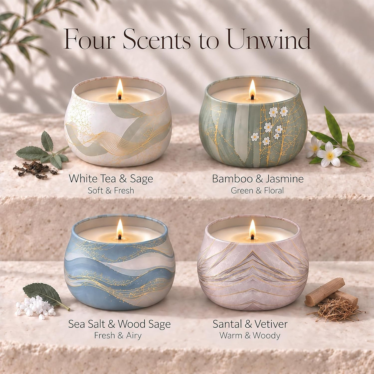 4 Pack Scented Candles Gift Set, Botanical Candle Set with Soy-Coconut Wax