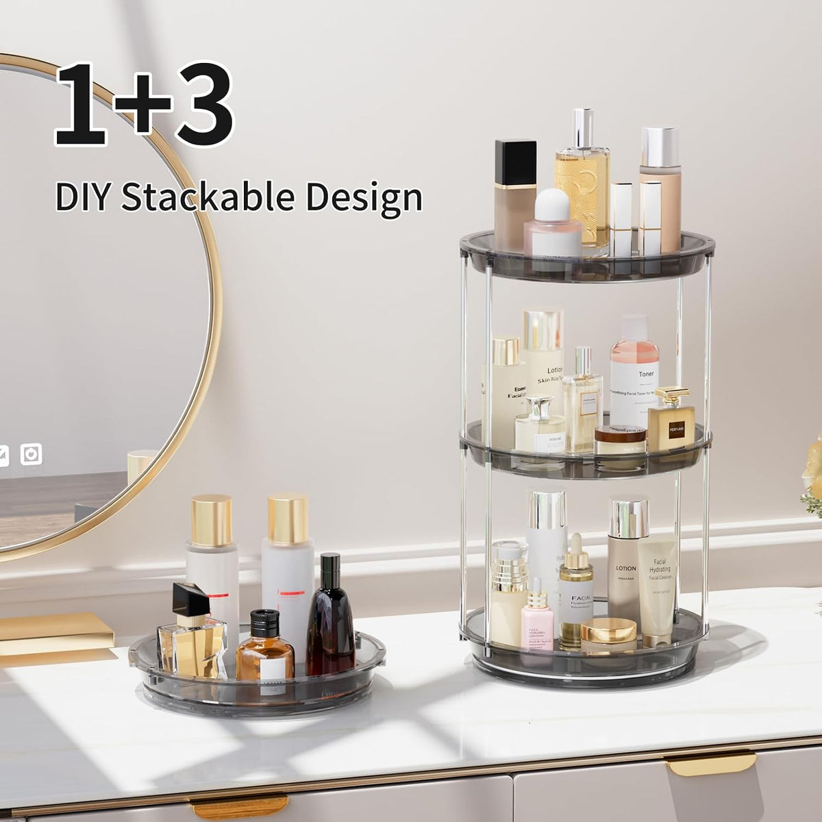 Rotating Makeup Organizer, Perfume Skincare Holder, 2 Tier 9 Inch, Gray