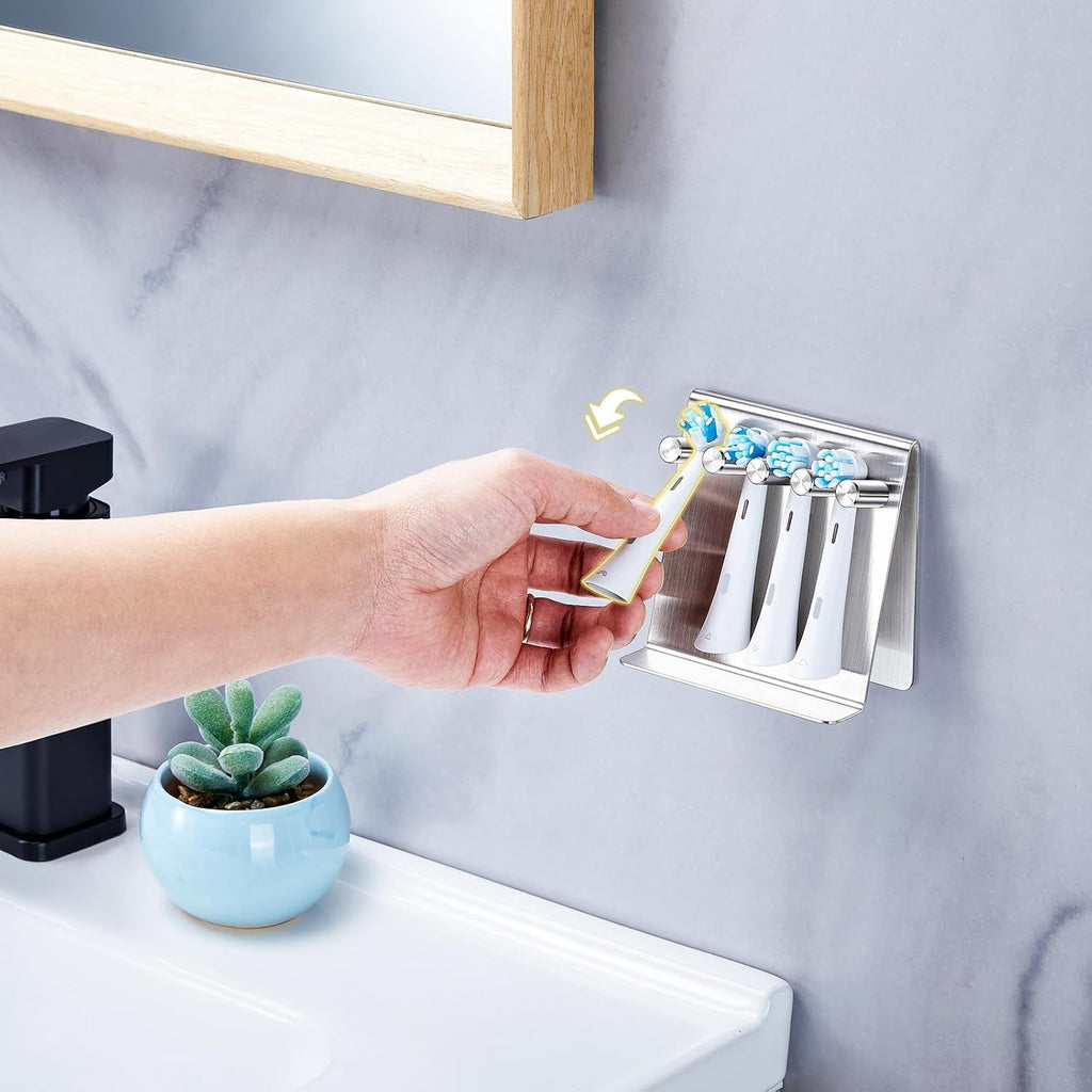 Electric Toothbrush Head Holder, Self Adhesive or Desktop Tooth Brushing Holder, Wall Mounted Toothbrush Holders Shower Bathroom, Tooth Brush Holder Organiser (Silver, Medium)