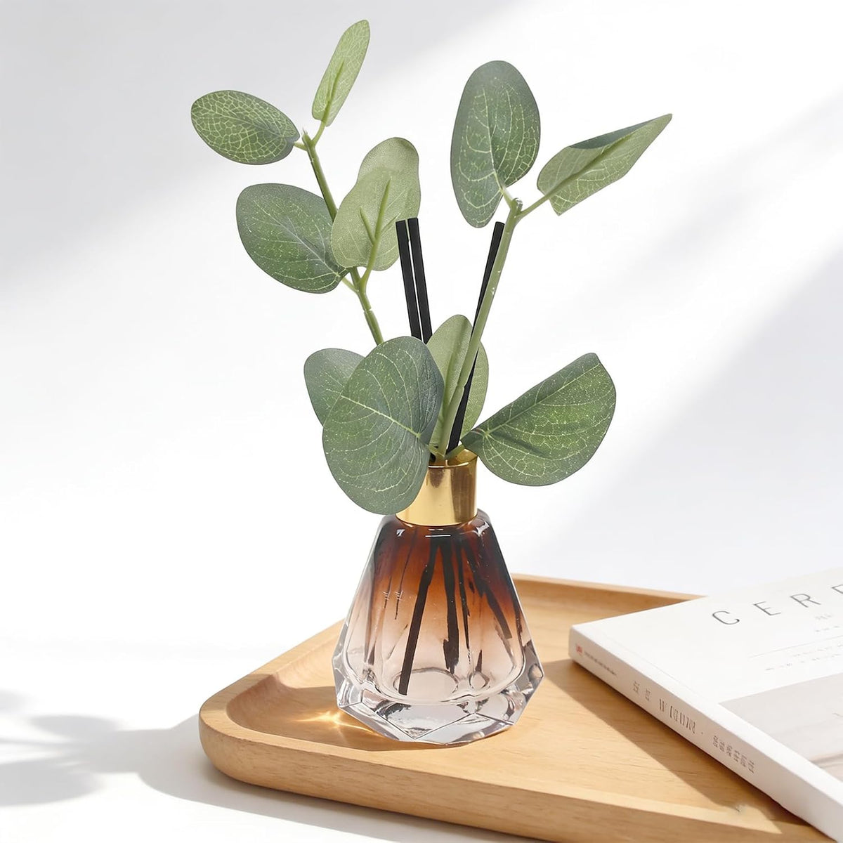 2Pcs Empty Reed Diffuser Brown Glass Bottle Set with Artificial Plant Decor