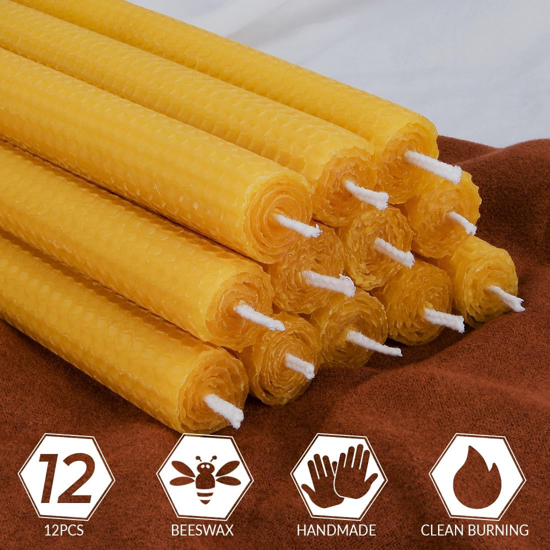 TELOSMA Hand Rolled Beeswax Taper Candles, Natural Yellow, 8 Inch, 12 Pack