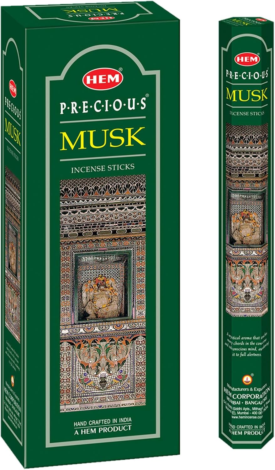 HEM Precious Musk Incense Sticks – (120 Sticks, 6 Boxes Inside) - 9 Inches Long ,Dispel Negativity, Induce Relaxing Sleep, Spiritual Strength, Aromatherapy, And Strengthen Meditation Practices