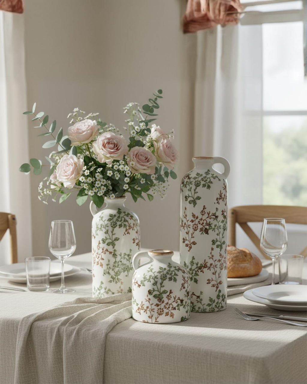 Green Floral Vase Set of 3 with Handles, Vintage Ceramic Jugs for Decor