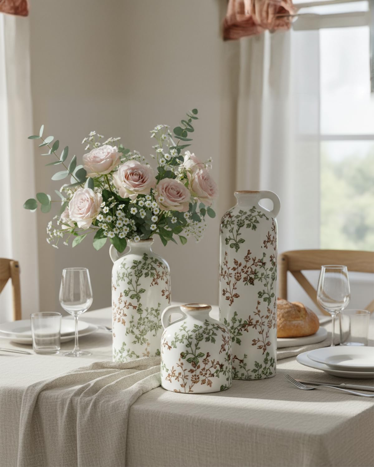Green Floral Vase Set of 3 with Handles, Vintage Ceramic Jugs for Decor