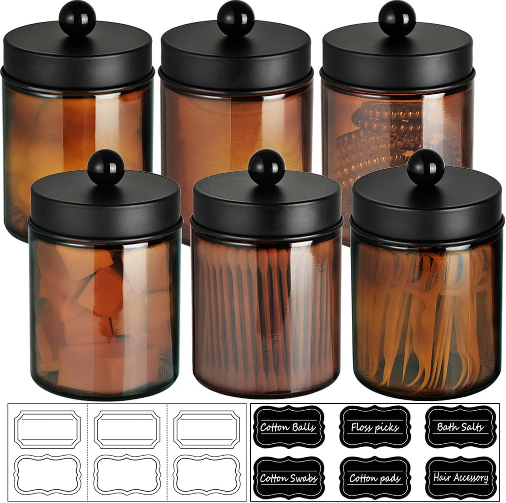 Amolliar Amber Glass Apothecary Jars Qtip Holder w/Metal Lids,Black 6pc
