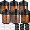 Amolliar Amber Glass Apothecary Jars Qtip Holder w/Metal Lids,Black 6pc