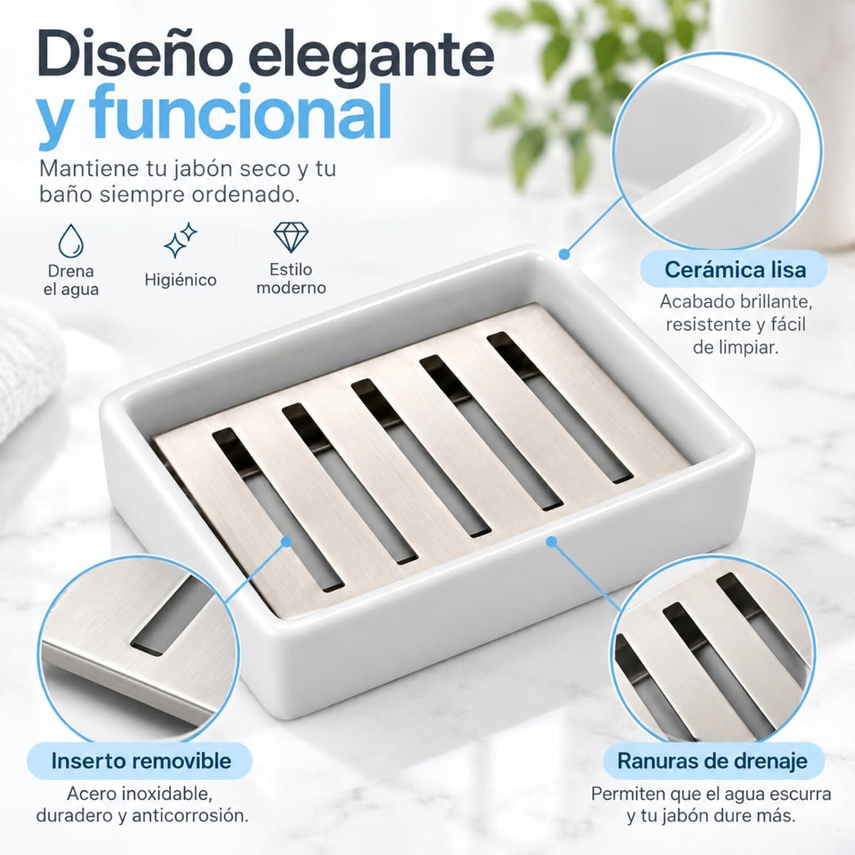 TOPSKY Ceramic Soap Dish Holder Stainless Steel for Bathroom, Double Layer, Self-draining Soap Tray, Say No to Mushy Soap, Easy Cleaning. (White)
