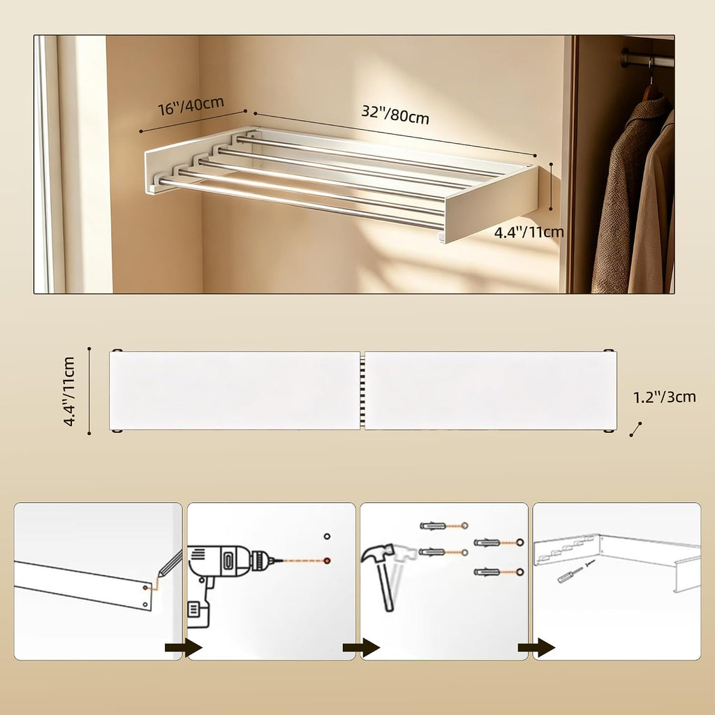 Wall Mounted Drying Rack 32" Foldable Space Saving for Laundry Room