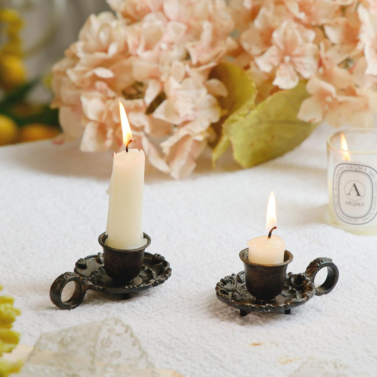 NIKKY HOME Vintage Small Brown Taper Candle Holders Set of 2, Handle Design