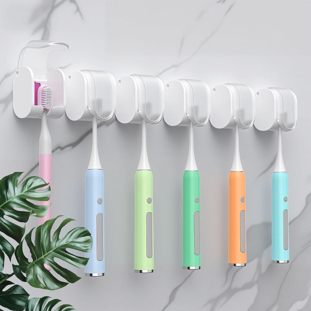 6 Pcs Toothbrush Holders Wall Mounted, Single Slot Design, Shower Self Adhesive Wall Mounted Toothbrush Holder with Cover, Waterproof and Dustproof, Suitable for Bathroom, Family, Travel (Transparent)