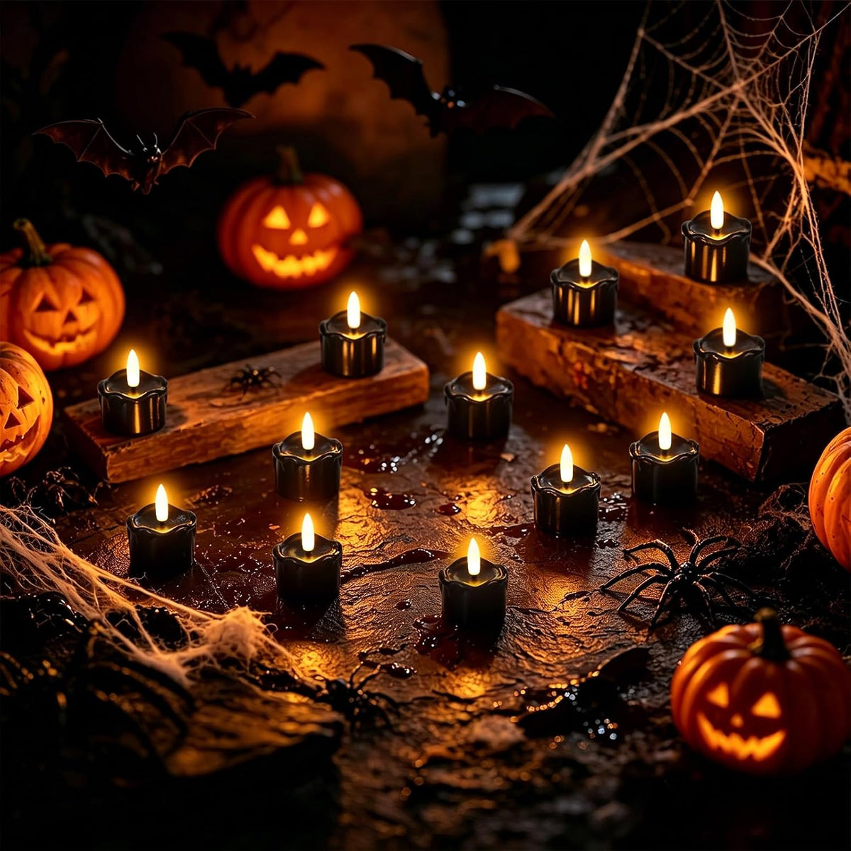 Wondise 12pcs Black Real Wax Halloween Flameless Tea Lights with 6H Timer