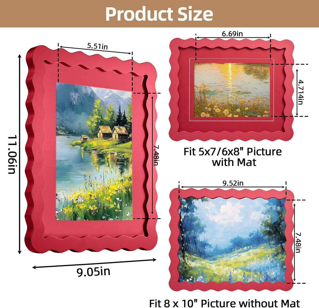 SNAPSHOT 8x10 Picture Frame with Mat for 5x7/6x8, Wooden Photo Frames with Real Glass for Wall Mount and Tabletop, Wavy Edge Red, 1 Pack