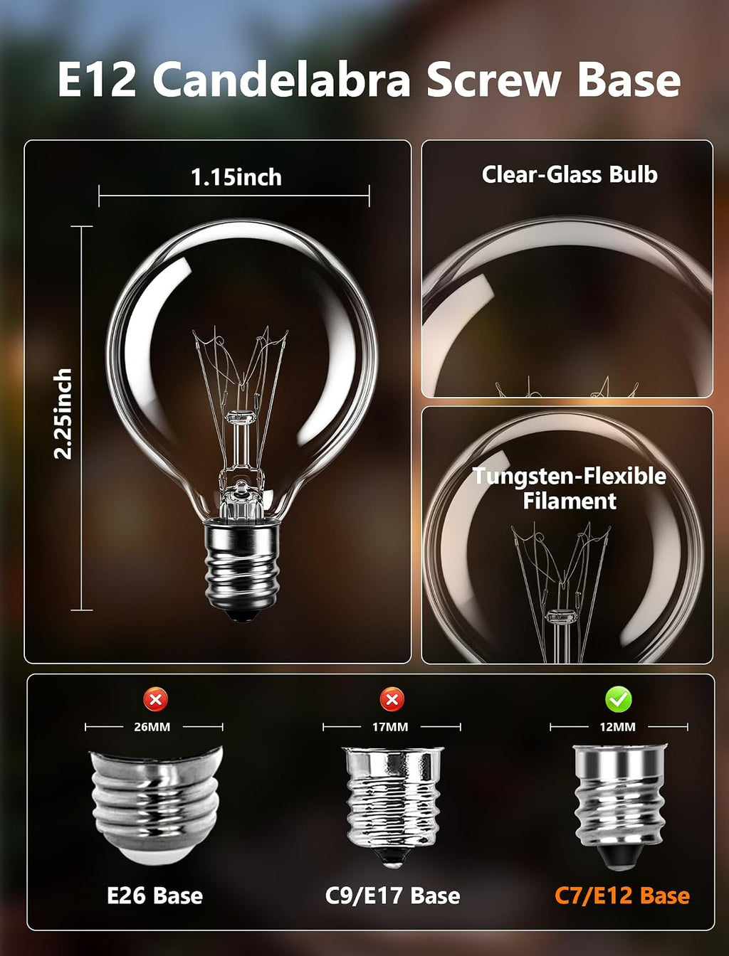 G40 Replacement Bulbs for Outdoor String Lights, 25 Pack 5 Watt Clear Glass Globe Incandescent Light Bulbs, E12 Candelabra Base, 2200K Warm White Vintage Edison Bulbs, Waterproof