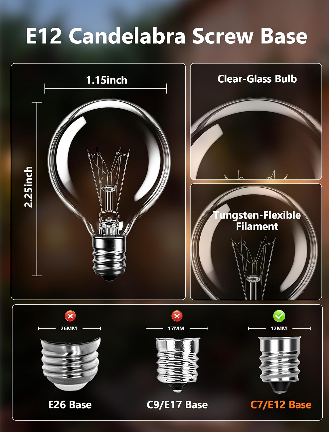 G40 Replacement Bulbs for Outdoor String Lights, 25 Pack 5 Watt Clear Glass Globe Incandescent Light Bulbs, E12 Candelabra Base, 2200K Warm White Vintage Edison Bulbs, Waterproof