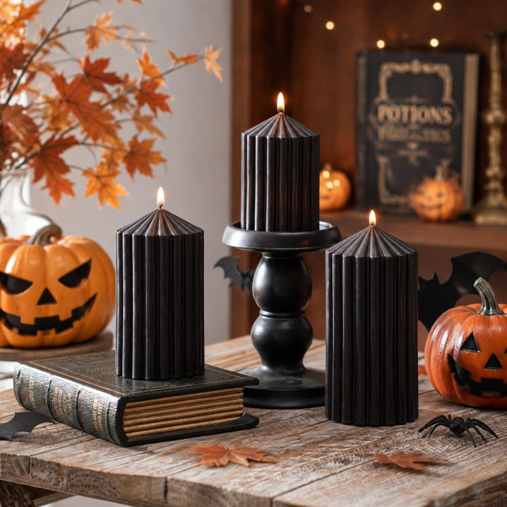 Black Ribbed Pillar Candles Set of 3, Halloween Candles Decor Unscented