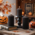 Black Ribbed Pillar Candles Set of 3, Halloween Candles Decor Unscented