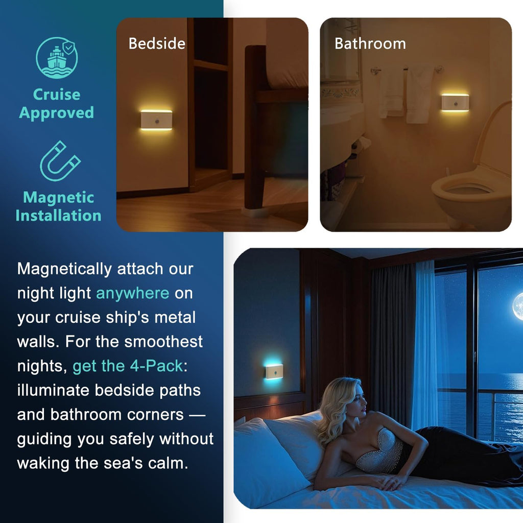 4-Pack Motion Sensor Night Light – Cruise Approved, Magnetic & Rechargeable with USB, RGB Color-Changing Modes, LED Auto Nightlight for Cabin, Bathroom, Hallway, Bed or Stairs (Indoor Travel Use)