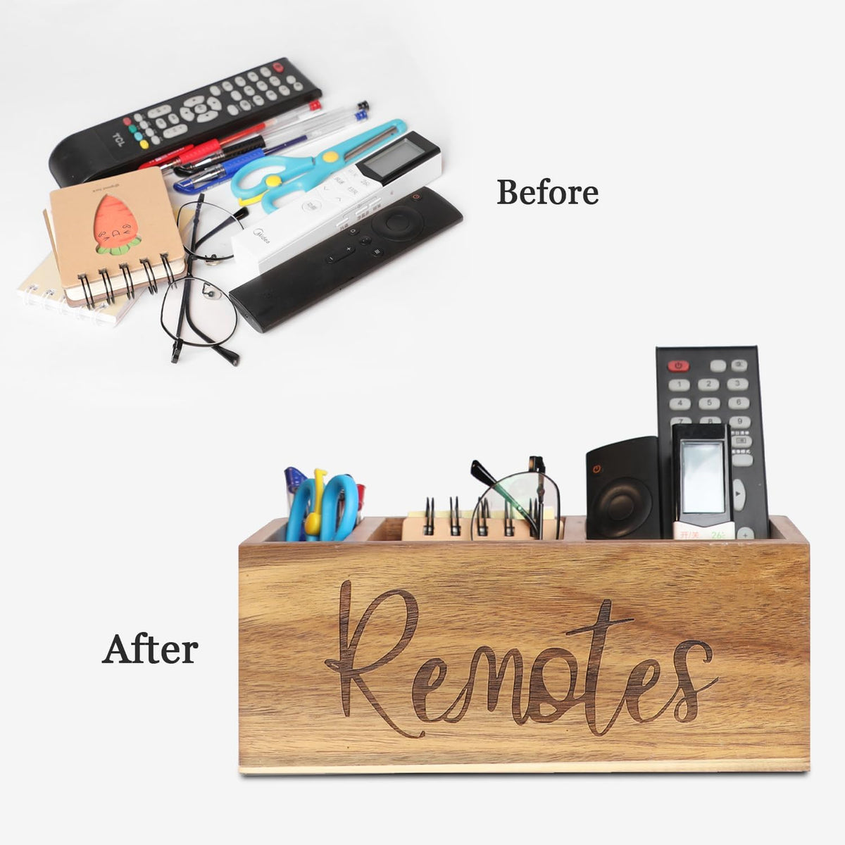 LBEMEY Acacia Wood TV Remote Holder, Caddy and Organizer for Table, Vintage Farmhouse Desk Caddy (Brown for 5+ Remote Controls)