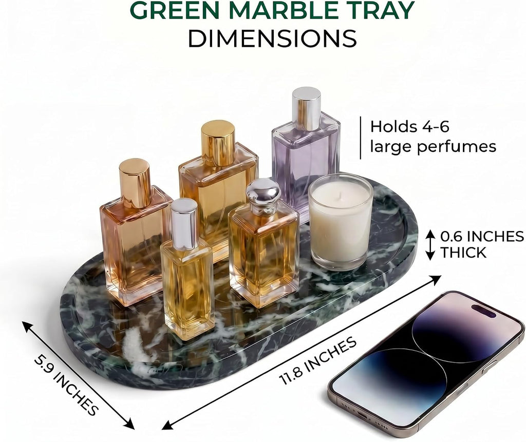 YKAJO Snowflake Green Oval Marble Tray, 11.8x5.9 Vanity Perfume Organizer