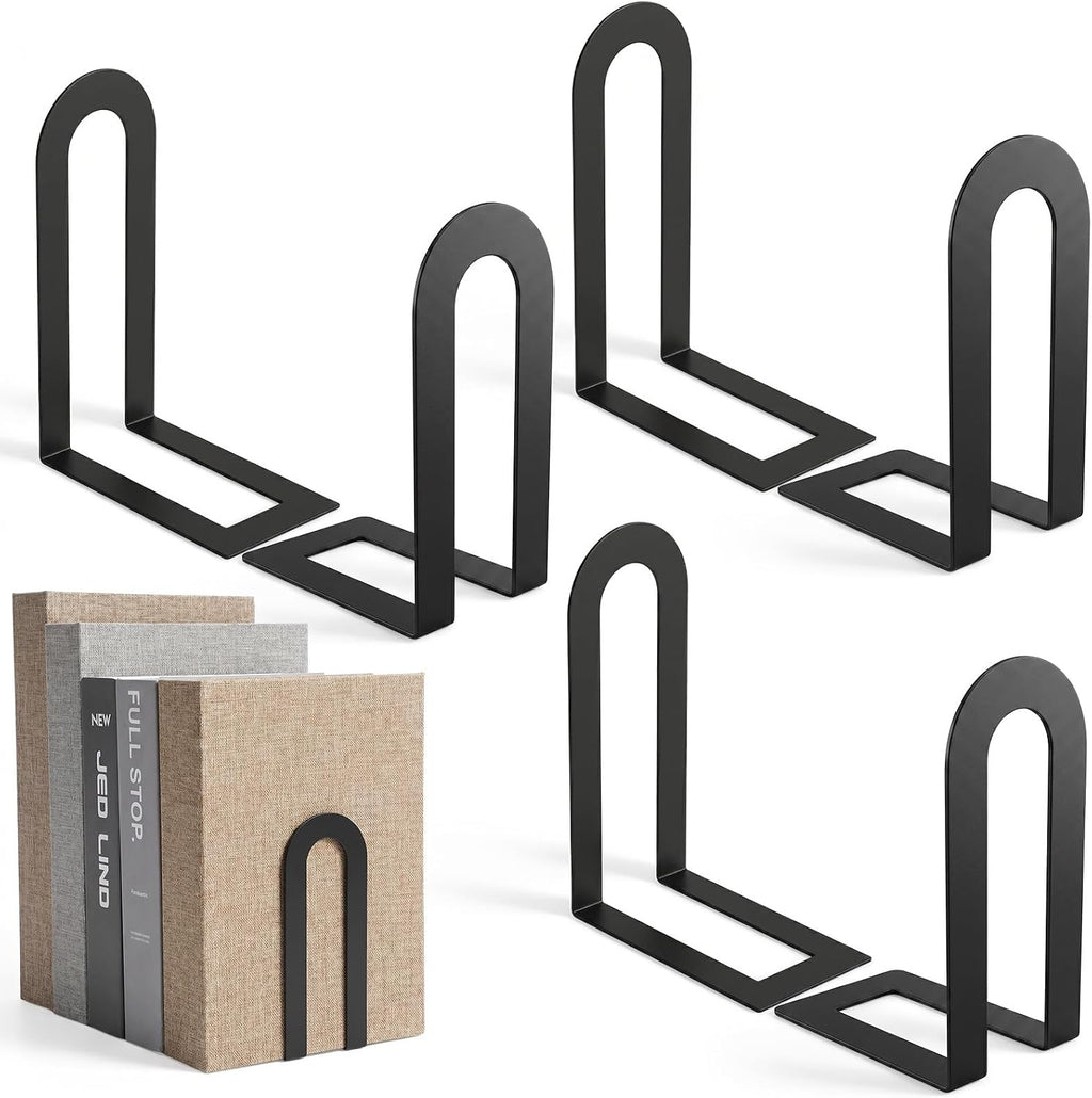 6 Pcs Modern Metal Bookends for Shelves, Metal Small Book Ends Book Shelf Organizer Minimalist Book Ends for Books/Movies/CDs, Decorative Bookends for Home Office, 5.5 x 3.75 x 2.25inch (Black)