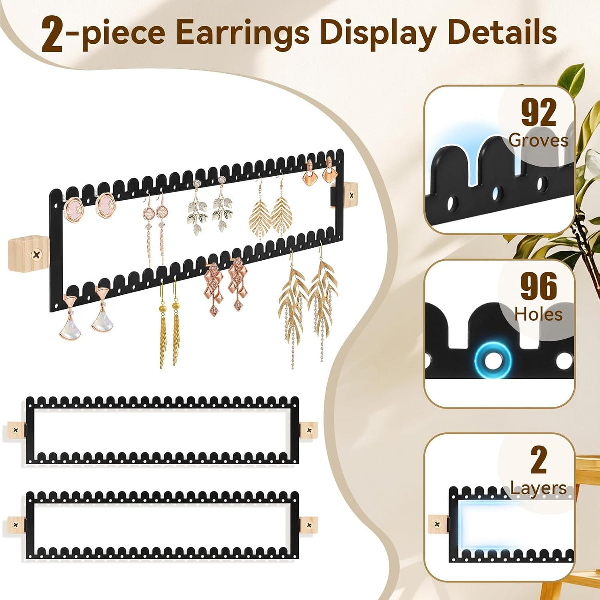 2 Tier Earring Holder Organizer Wall Mounted,2PCS Metal Earring Display Storage with 96 Holes and 92 Grooves Hanging Jewelry Organizer Tree for Stud/Hoop/Dangle Earrings Necklace(Black)