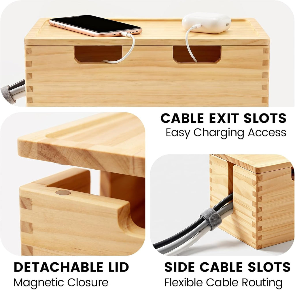 Large Wooden Cable Management Box with Magnetic Lid – Solid Wood Cord Organizer for Power Strip & Bulky Adapters, Tall Concealer for Desk & TV, Farmhouse Style Wire Hider Cover