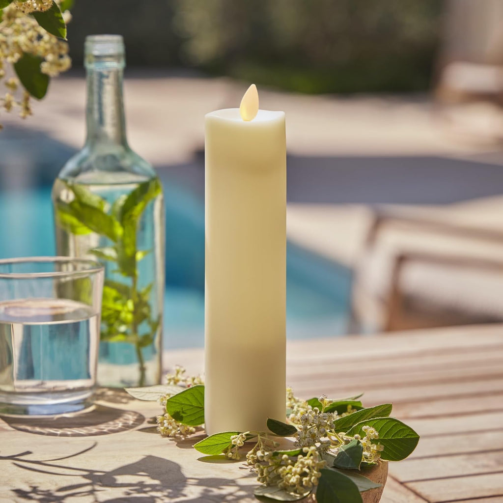 Luminara Outdoor Slim Pillar Flameless LED Candle, Ivory 2" x 8.5", Moving Flame Weather Resistant Timer Ready Battery Operated Safe Melted Edge