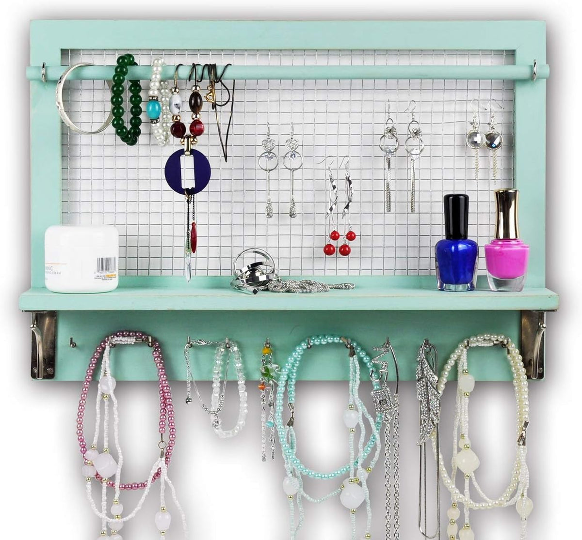 Jewelry Organizer, Wall Mount Jewelry Holder Rack with Hooks Shelf and Removable Rod Hanging Display Earrings Necklaces Bracelets Rings Storage Accessories Wood in Shabby Chic Turquoise