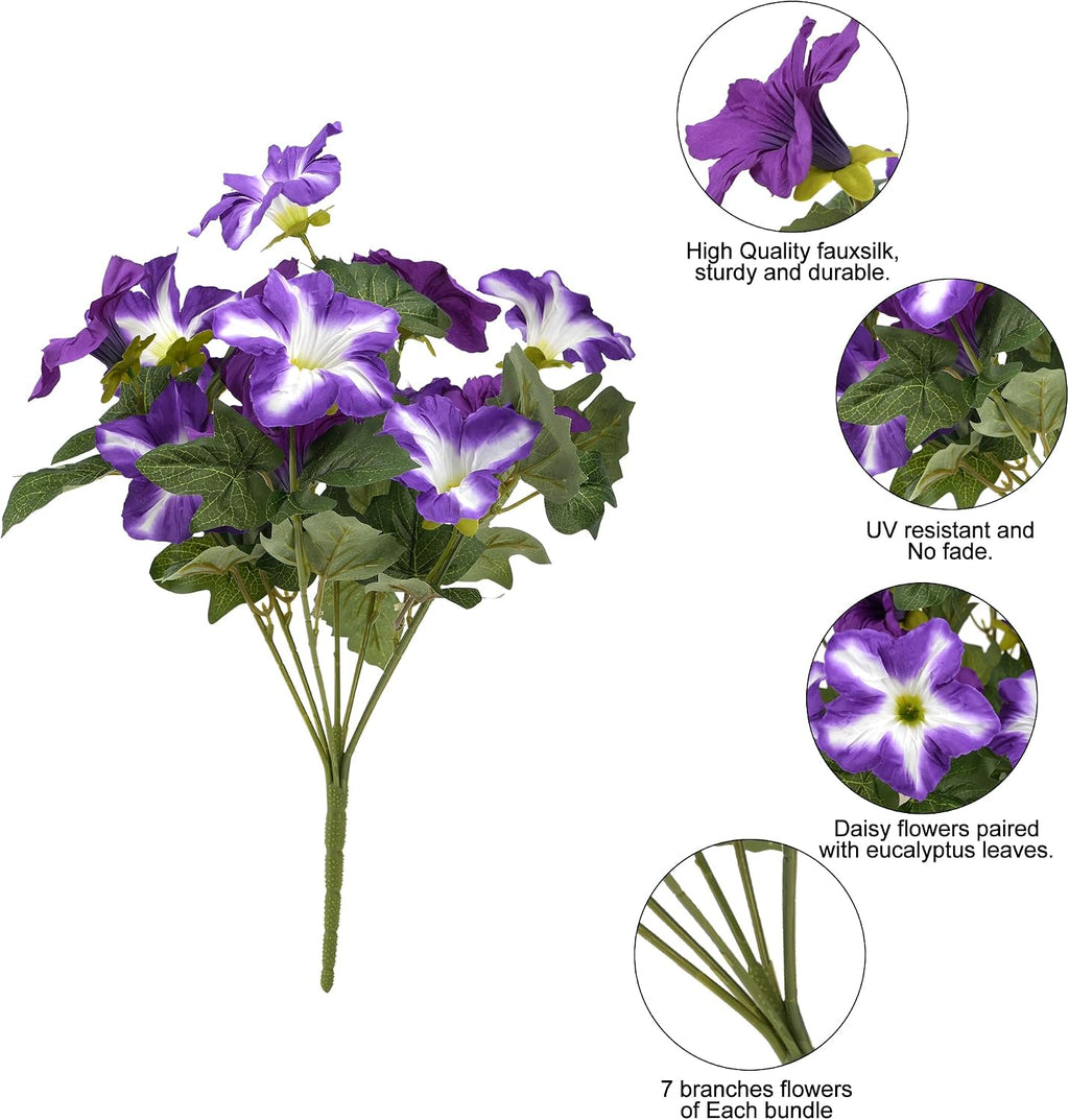 Artificial Fake Flowers Plants for Outdoor Decoration, 4PCS Faux Petunias Silk Flower UV Resistant No Fade for Home Outside Garden Balcony Yard Porch Realistic Indoor Decor (Purple/Red)