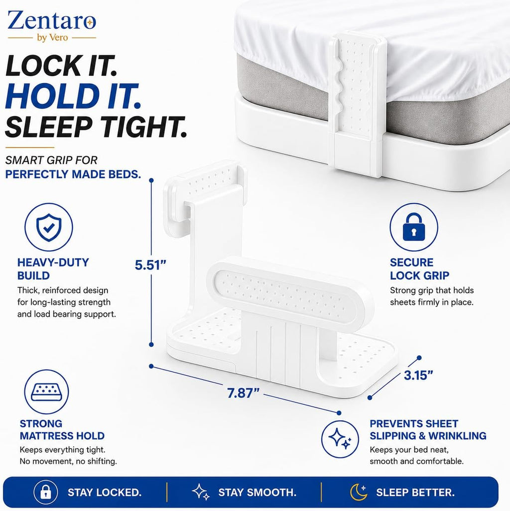 Bed Sheet Holders for Corners 4-Pack Lock Fitted Sheet Holder Set with Sheet Straps & Easy Tucker Tool, Universal Bed Sheet Clips for All Mattress Sizes, Non-Slip ABS, White