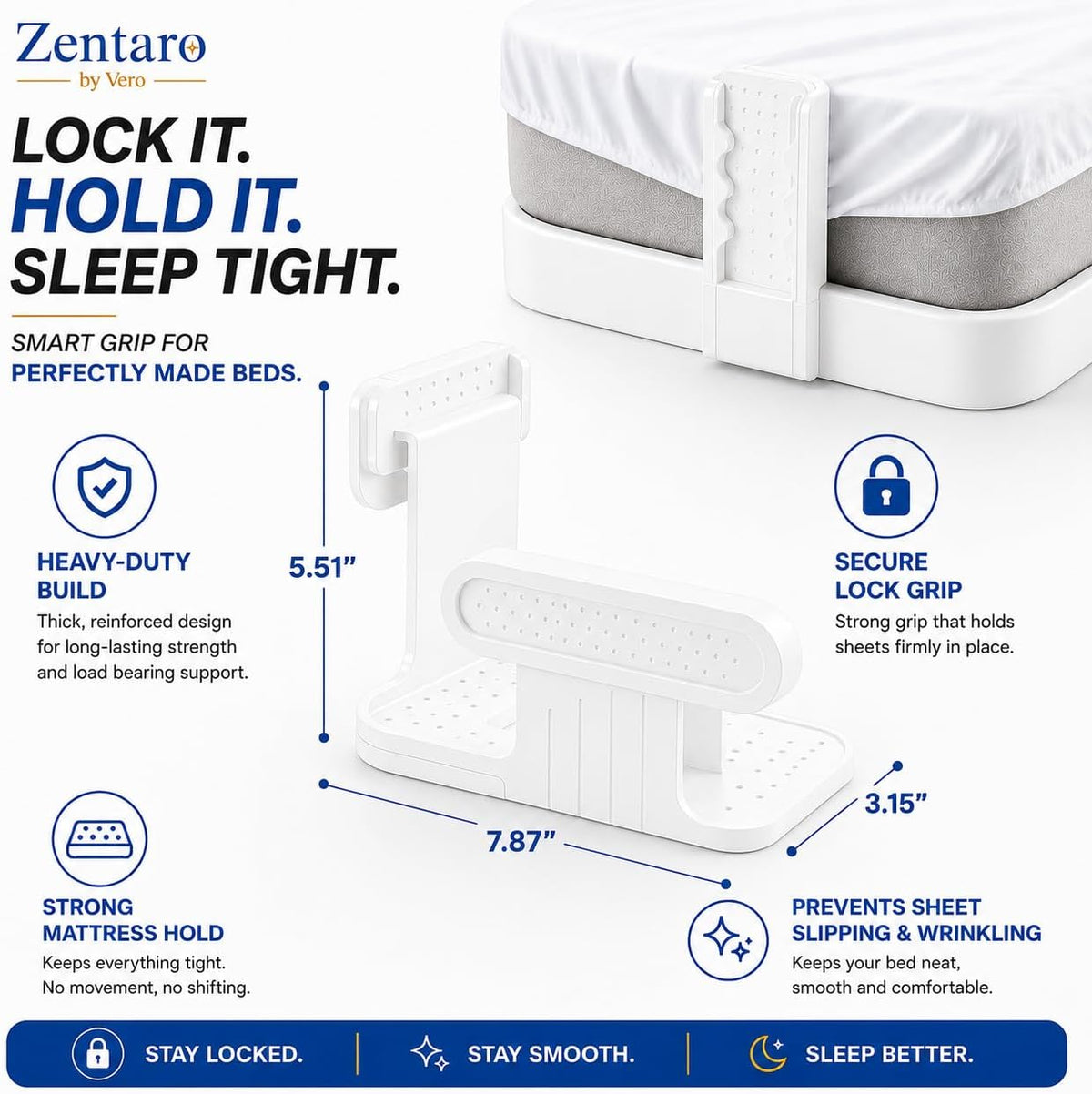 Bed Sheet Holders for Corners 4-Pack Lock Fitted Sheet Holder Set with Sheet Straps & Easy Tucker Tool, Universal Bed Sheet Clips for All Mattress Sizes, Non-Slip ABS, White