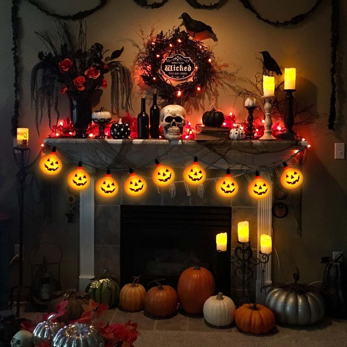 Halloween LED Pumpkin Lights - 8.5Ft Jack O Lantern Pumpkin String Lights with 10 LED Jack O Lantern Lights, for Indoor Outdoor Halloween Decorations for Home Party Yard Patio Tree, 0.07W