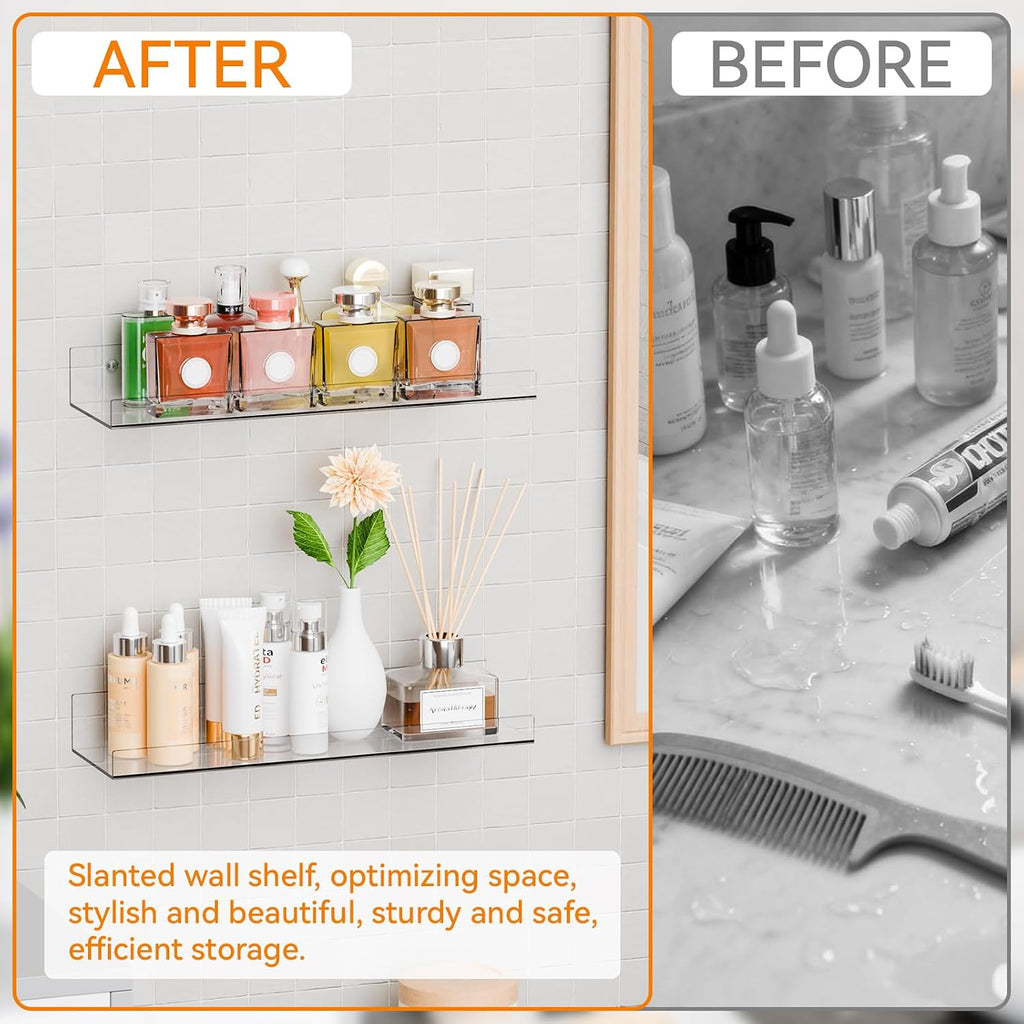 2 Pcak Clear Acrylic Shelves for Bedroom,Room,15 Inch Bathroom Wall Shelf & Organizer,Invisible Floating Shelves & Wall Storage for Collectibles Perfume Shelf,Record,Funko Pop,Lego Display,Bookshelf