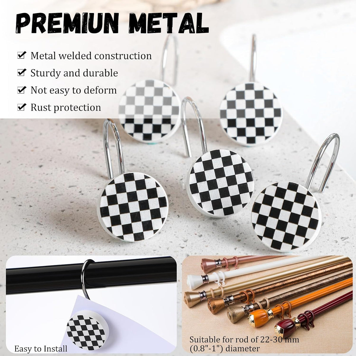 Yalikop Rustic Checkered Shower Curtain Hooks Set of 12 Retro Black and White Round Shower Curtain Rings Modern Decorative Hanger Rings with Metal Hooks for Bathroom Rod and Liner