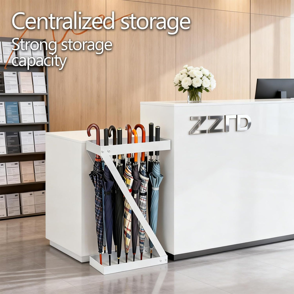 Umbrella Holder for Entryway, White Indoor Umbrella Stand with Hooks,Metal Umbrella Storage Rack Ideal for Home Office Hotel Lobby