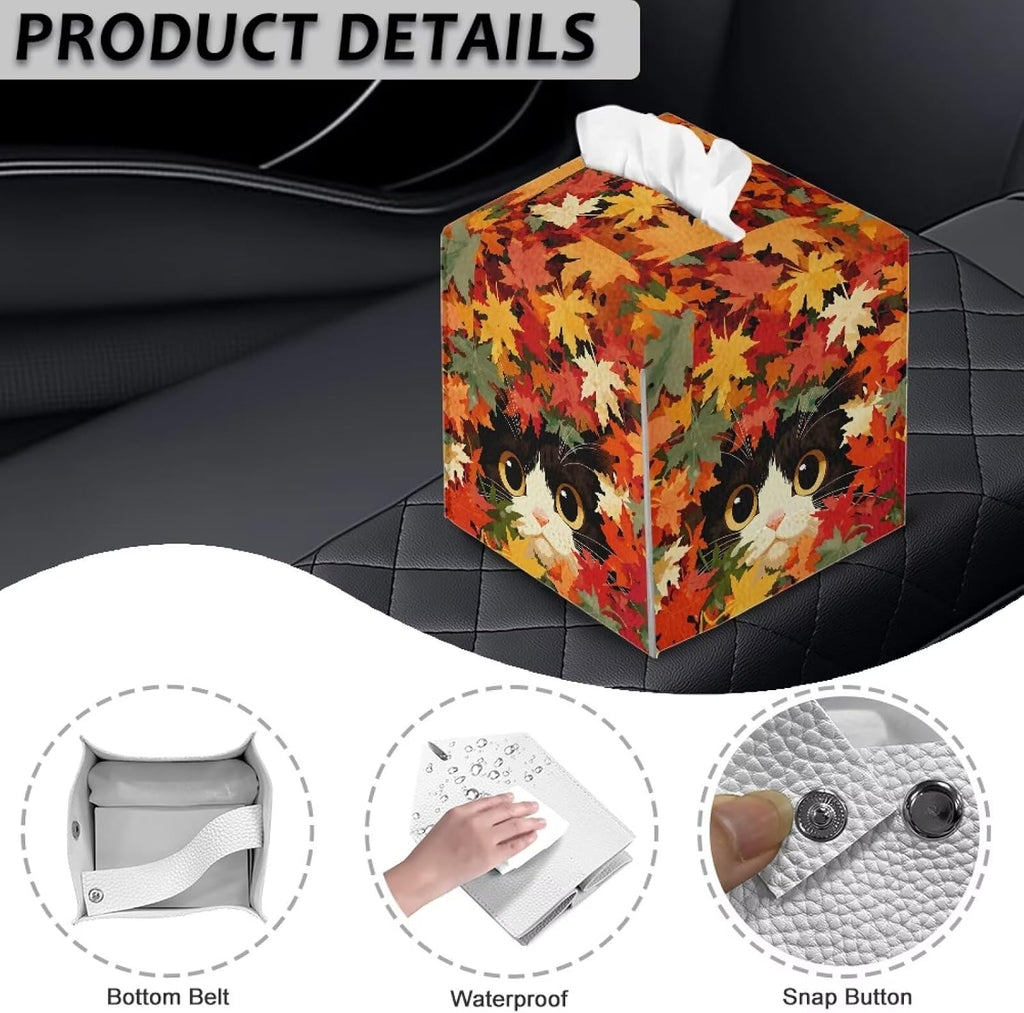 Cat Maple Tissue Box Cover Square PU Leather Desk Tissue Holder
