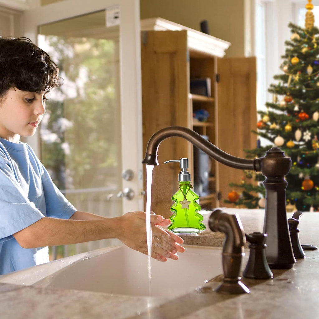 Christmas Tree Soap Dispenser, Glass Soap Dispenser with Sliver 304 Rust Proof Pump, Christmas Tree Shaped Great for Xmas Decor, Hand Soap, Dish Soap, Kitchen, Bathroom