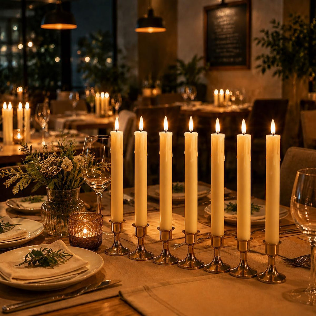 Pack of 6 Decorative Rechargeable Beige Taper Candles with USB Charge Warm White Light 10 Inch,Remote Flameless Christmas LED Window Candlesticks,25.5 cm Plastic Wedding Candles with Timer