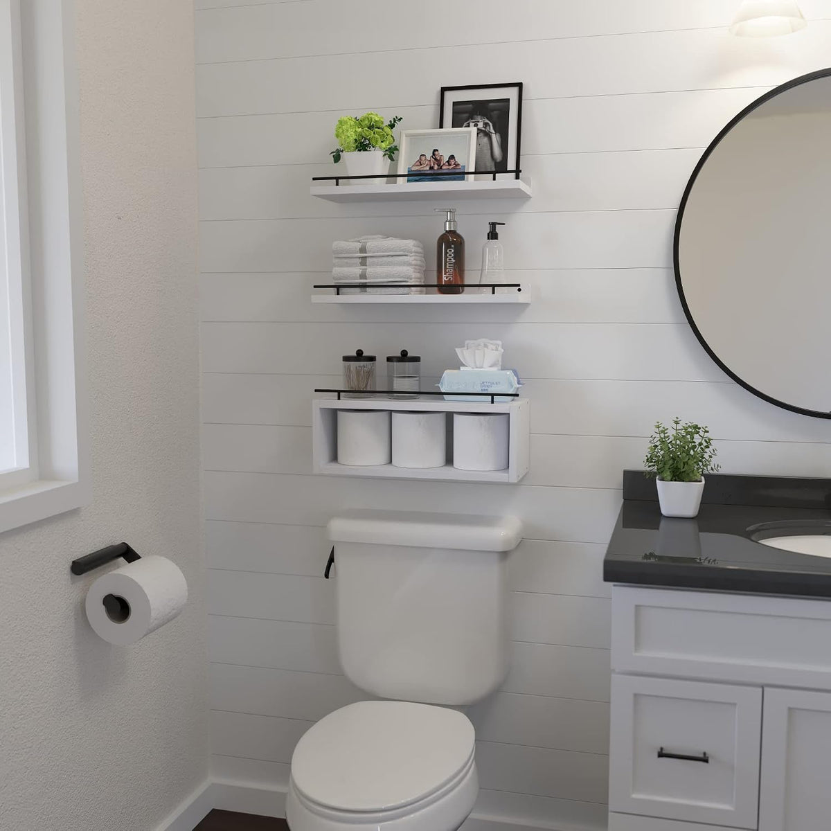 WOPITUES Floating Shelves for Wall with Cube Shelf, Wall Shelves with Metal Rail for Decor, Bathroom Organizers and Storage, Over Toilet Shelves for Bathroom, Toilet Paper-White