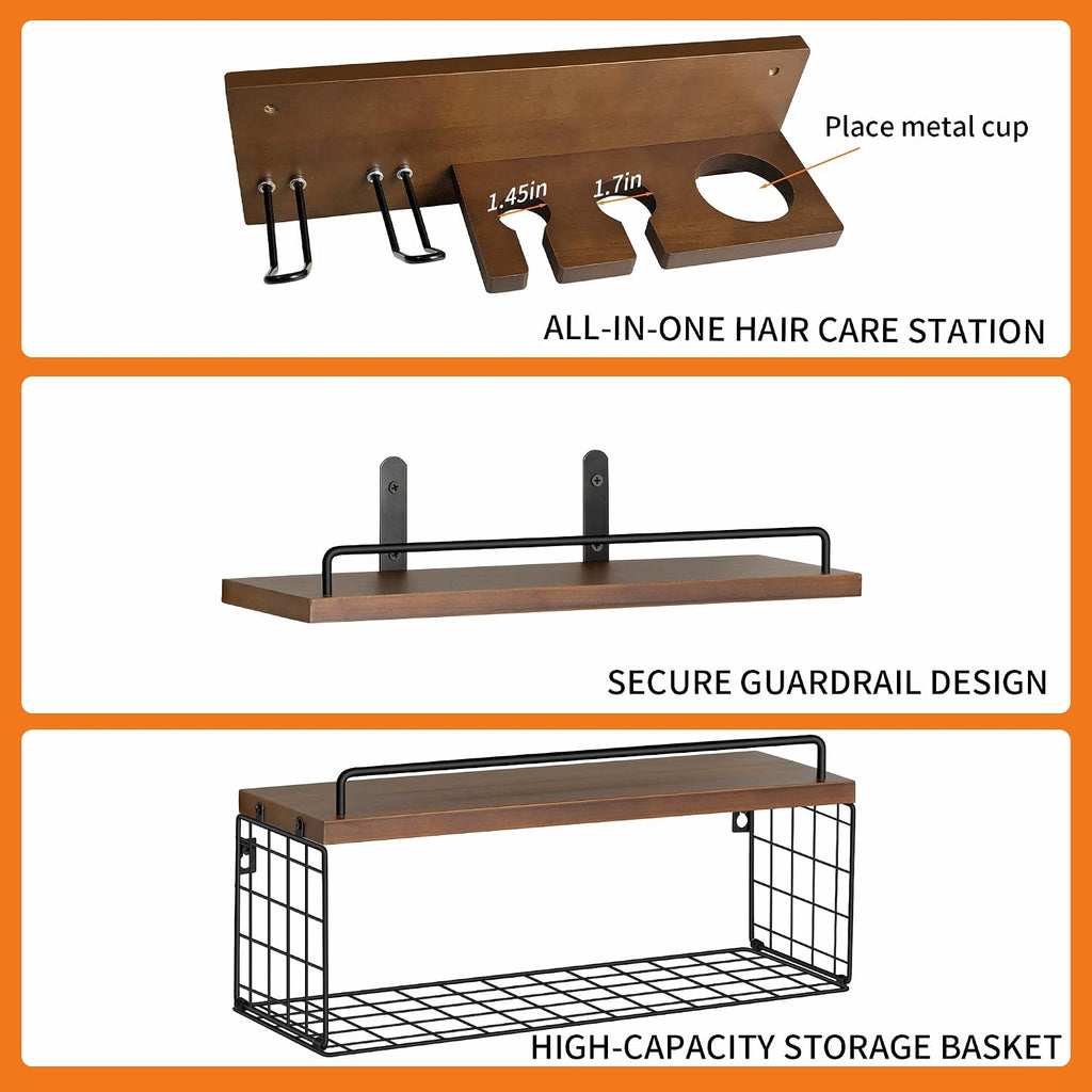 3-Tier Bathroom Floating Shelves with Hair Dryer Holder, Brown