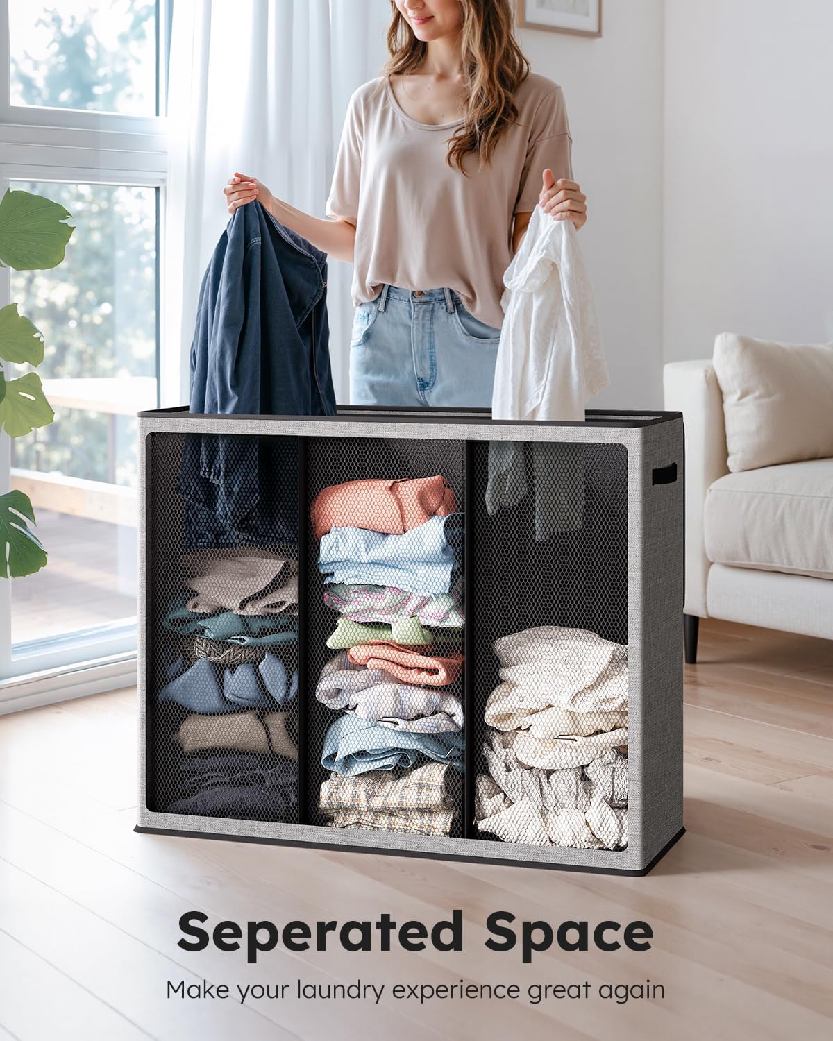 SOLEDI Large Laundry hamper 3 Section with Lid, 180L Laundry Basket, Grey