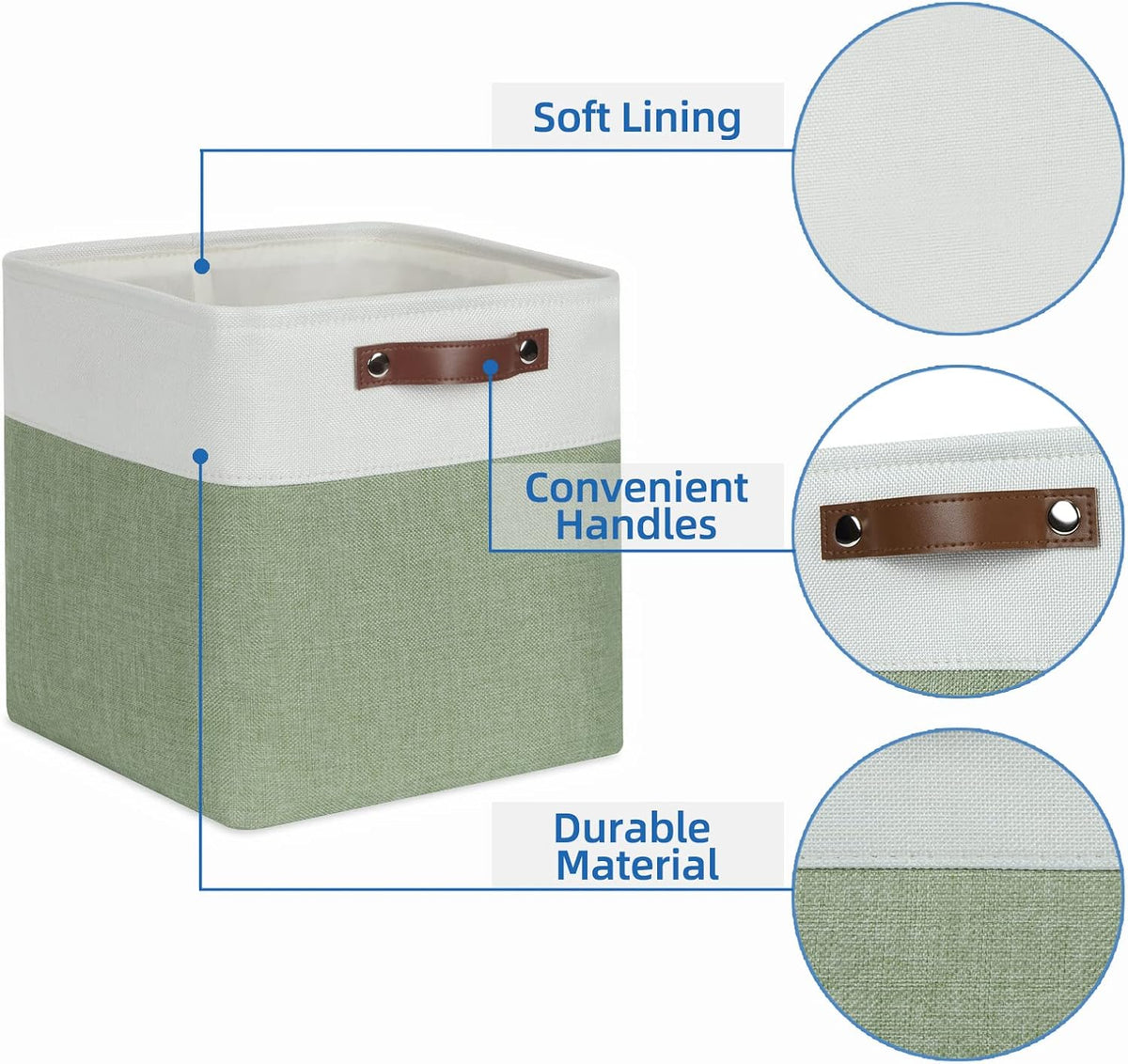 Temary Fabric Storage Bins for Organizing Clothes, Closet Baskets with Handles - Decorative Storage Boxes for Home (White & Green, 12 Inch, 4 Pack)