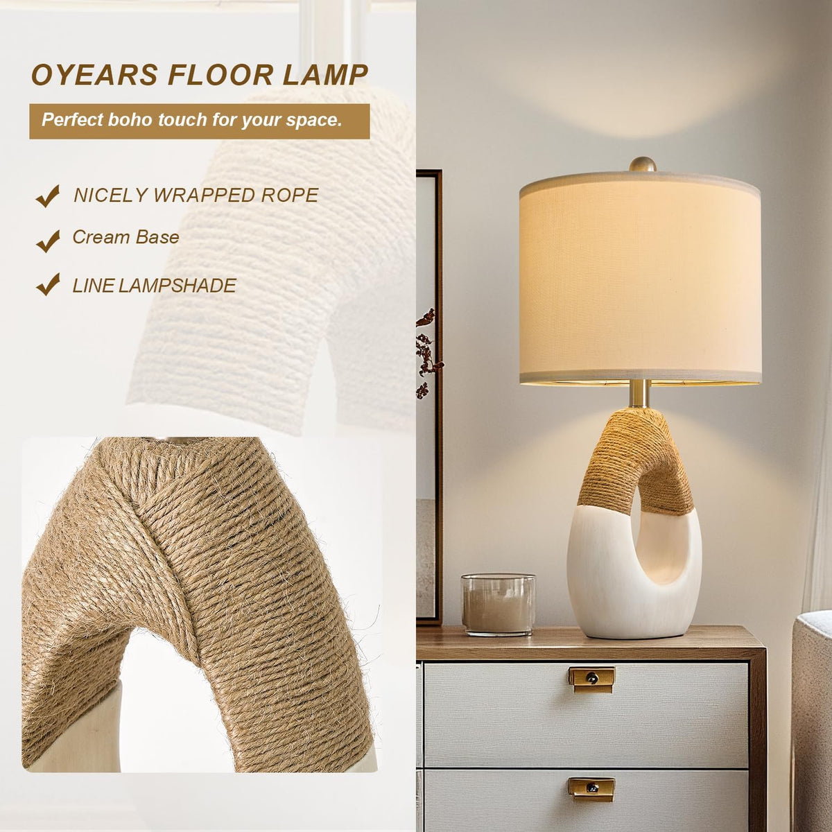 OYEARS 22” Boho Table Lamps for Bedroom Living Room Upgraded Set of 2 Medium Farmhouse Rattan Table Lamps, Rustic Home Decoration Nightstand Bedside Lamp for Office (Not Include Bulbs)