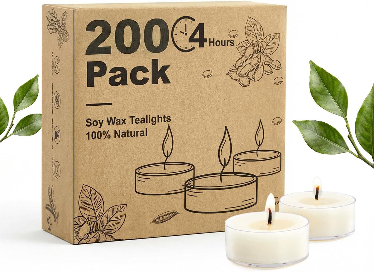 Unscented Soy Tea Lights Candles 200 Pack Bulk,4 Hour Clean Burn Tea Candle
